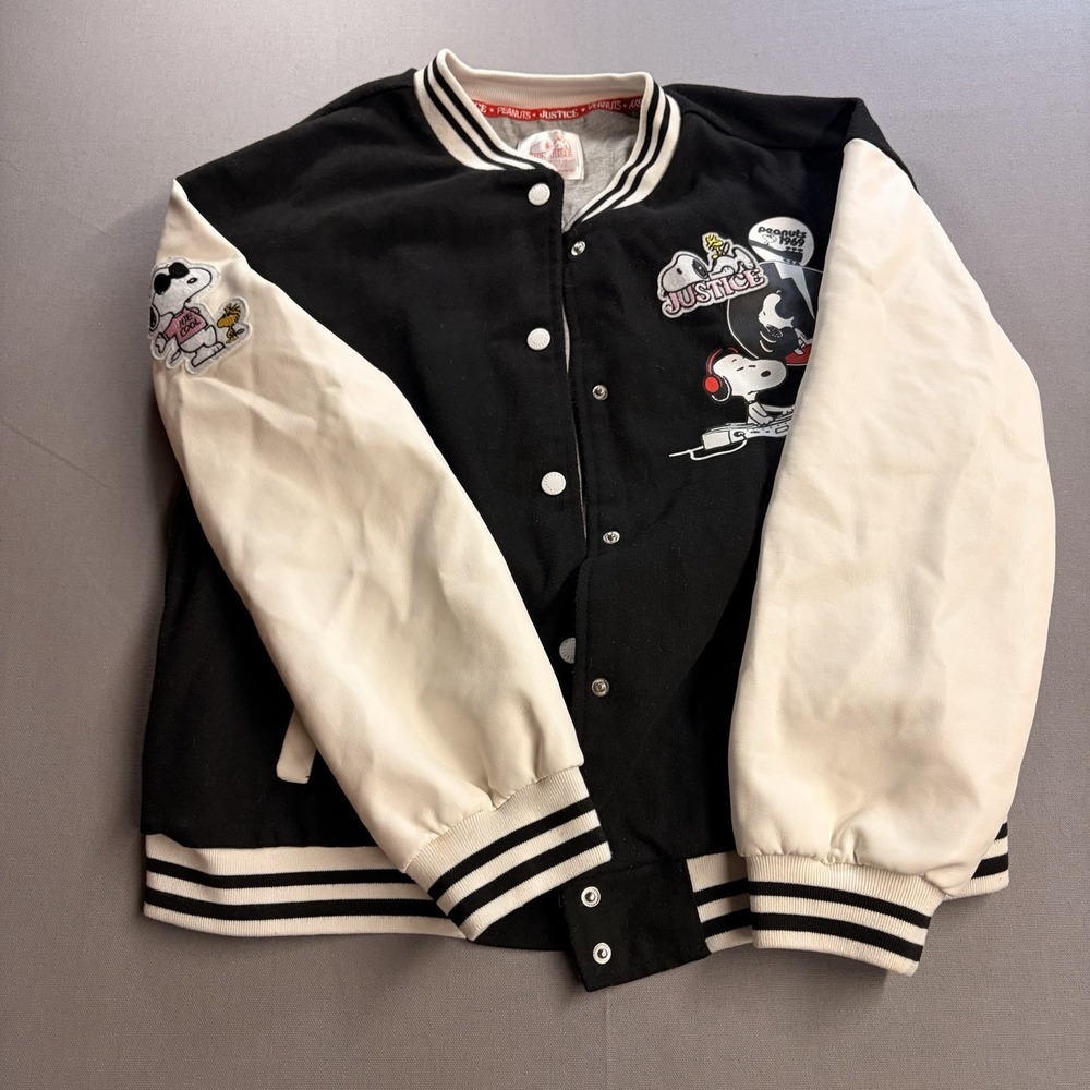 Justice Peanuts Snoopy Varsity Jacket Girls XL 16/18 Black White Abbey Road